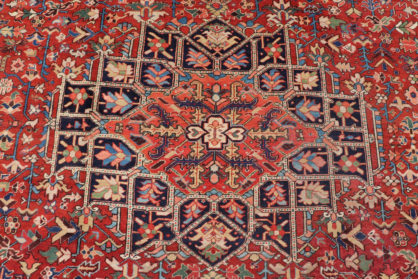 Antique Persian Heriz - Serapi Rug in Rust Background. kwarugs F - 1101. Large Heriz in Square shaped This superb antique Heriz - Serapi carpet, with its highly stylized central medallion and impressive geometric motifs, beautifully illustrates the gr... - Keivan Woven ArtsF - 1101 - 403Rug