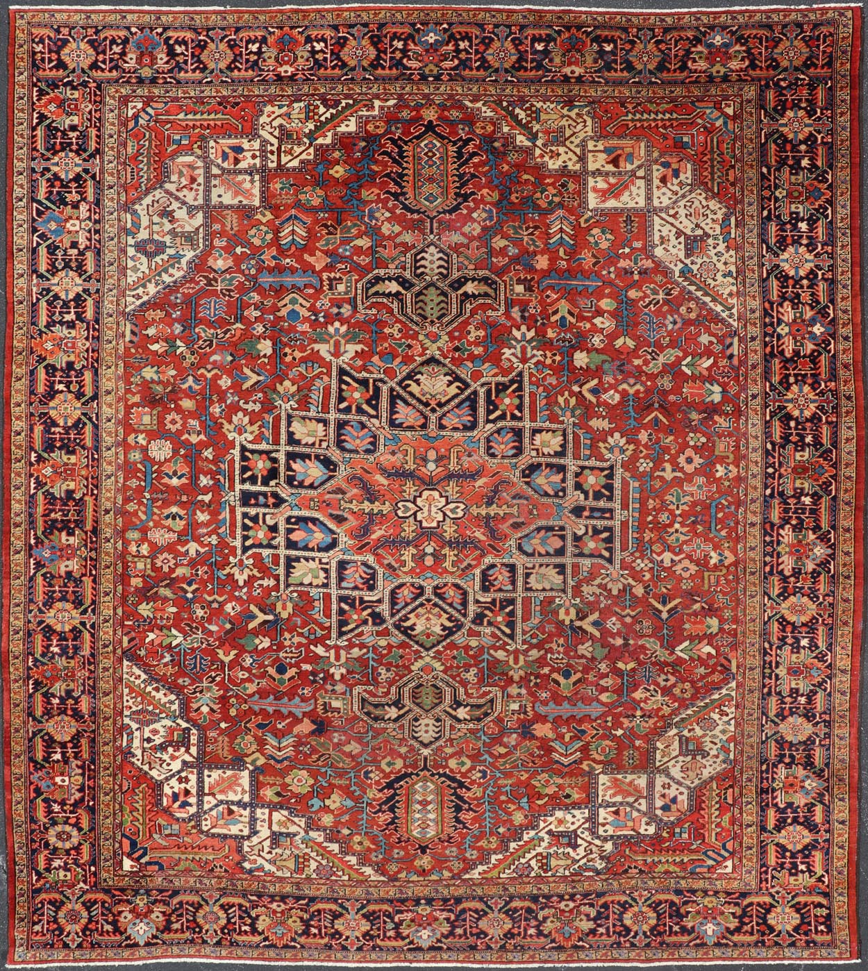 Antique Persian Heriz - Serapi Rug in Rust Background. kwarugs F - 1101. Large Heriz in Square shaped This superb antique Heriz - Serapi carpet, with its highly stylized central medallion and impressive geometric motifs, beautifully illustrates the gr... - Keivan Woven ArtsF - 1101 - 403Rug