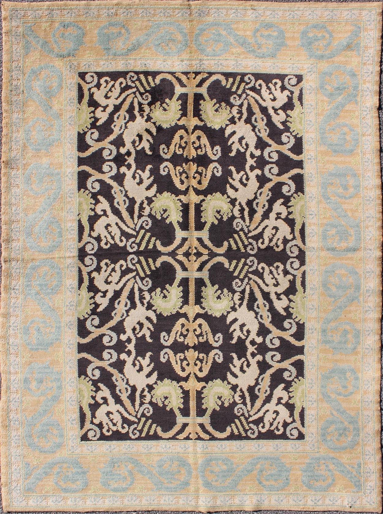Keivan Woven Arts - Antique Spanish Rug with All Over Botanicals in Black, Light Blue, Light Green Antique Spanish Rug With All Over Botanicals in Black, Light Blue, Light Green and Taupe, rug F - 1203, country of origin / type: Spain / Spanish Colon... - Keivan Woven ArtsF - 1203 - 1058Rug