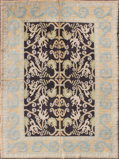 Keivan Woven Arts - Antique Spanish Rug with All Over Botanicals in Black, Light Blue, Light Green Antique Spanish Rug With All Over Botanicals in Black, Light Blue, Light Green and Taupe, rug F - 1203, country of origin / type: Spain / Spanish Colon... - Keivan Woven ArtsF - 1203 - 1058Rug