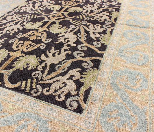 Keivan Woven Arts - Antique Spanish Rug with All Over Botanicals in Black, Light Blue, Light Green Antique Spanish Rug With All Over Botanicals in Black, Light Blue, Light Green and Taupe, rug F - 1203, country of origin / type: Spain / Spanish Colon... - Keivan Woven ArtsF - 1203 - 1058Rug