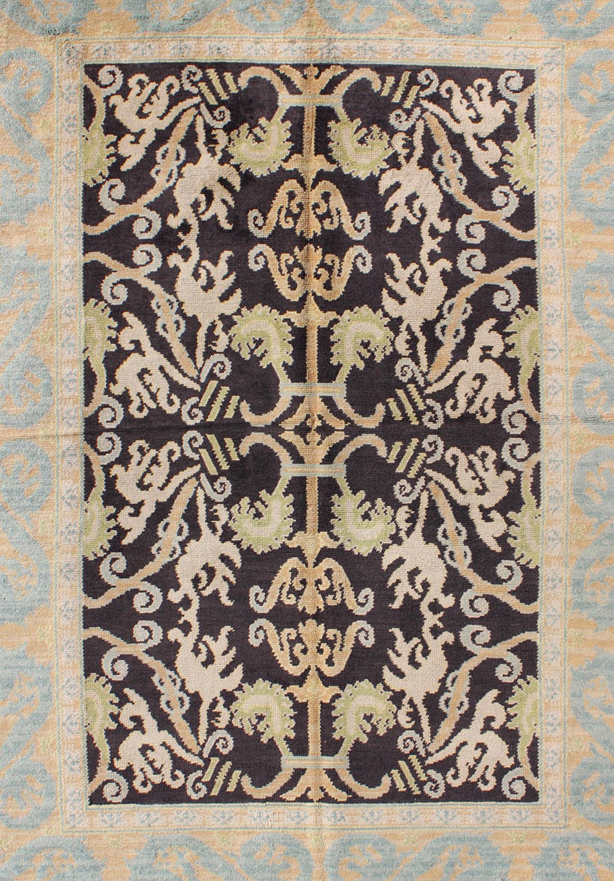 Keivan Woven Arts - Antique Spanish Rug with All Over Botanicals in Black, Light Blue, Light Green Antique Spanish Rug With All Over Botanicals in Black, Light Blue, Light Green and Taupe, rug F - 1203, country of origin / type: Spain / Spanish Colon... - Keivan Woven ArtsF - 1203 - 1058Rug