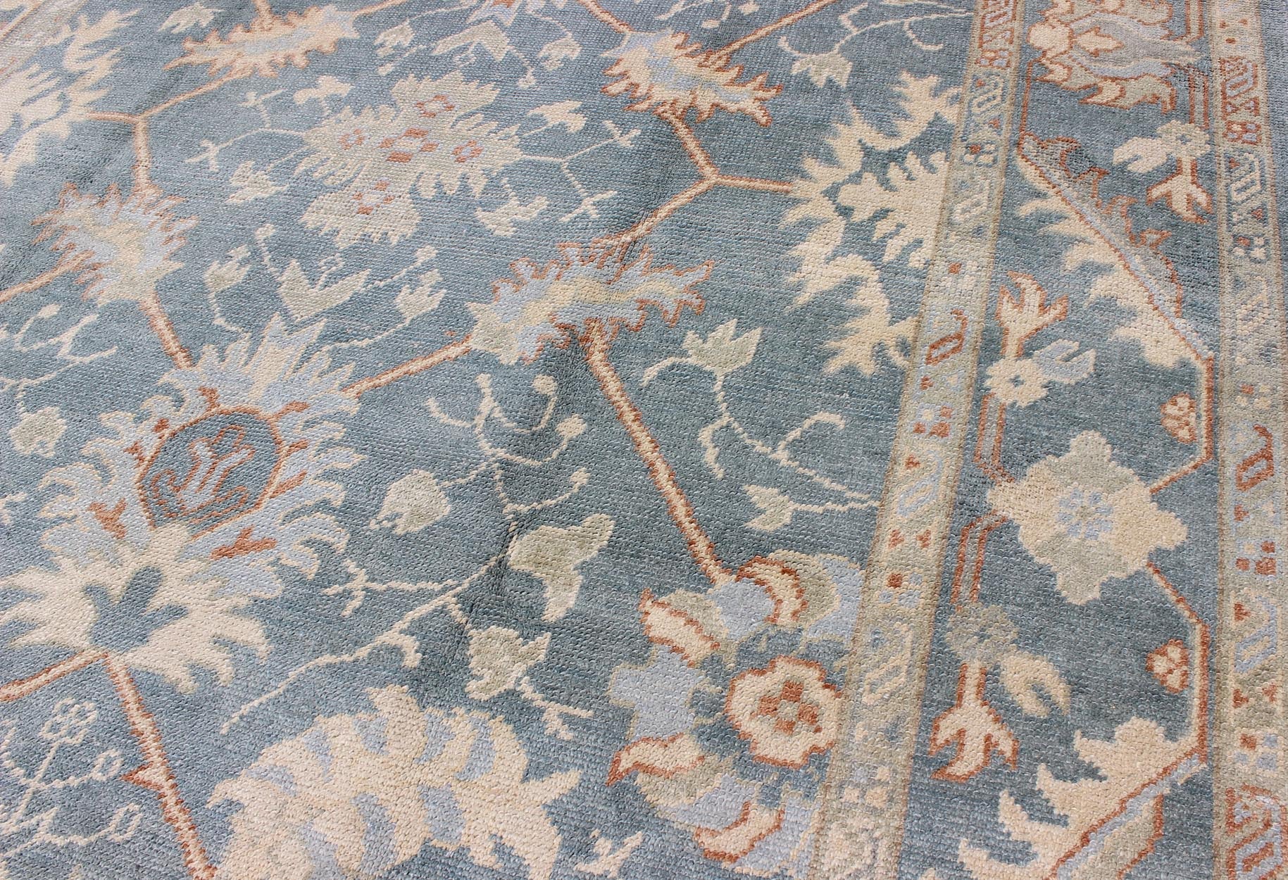 Turkish Oushak Rug with Floral Design in Light Steel - Blue and Coral Accent Turkish Oushak with all over design. Early 21st century / rug/ FIT - 3277 /Keivan Woven Arts Turkish Oushak rug with floral design in light steel blue and coral acc... - Keivan Woven ArtsFIY - 3277 - 5706Rug