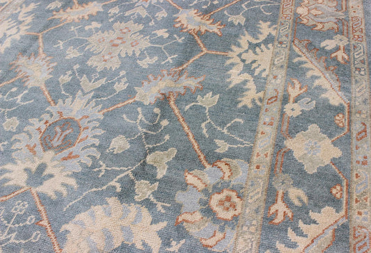 Turkish Oushak Rug with Floral Design in Light Steel - Blue and Coral Accent Turkish Oushak with all over design. Early 21st century / rug/ FIT - 3277 /Keivan Woven Arts Turkish Oushak rug with floral design in light steel blue and coral acc... - Keivan Woven ArtsFIY - 3277 - 5706Rug