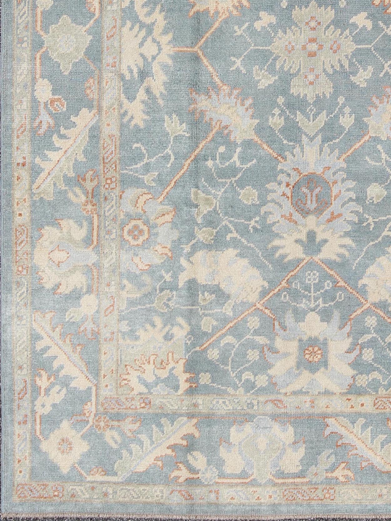 Turkish Oushak Rug with Floral Design in Light Steel - Blue and Coral Accent Turkish Oushak with all over design. Early 21st century / rug/ FIT - 3277 /Keivan Woven Arts Turkish Oushak rug with floral design in light steel blue and coral acc... - Keivan Woven ArtsFIY - 3277 - 5706Rug