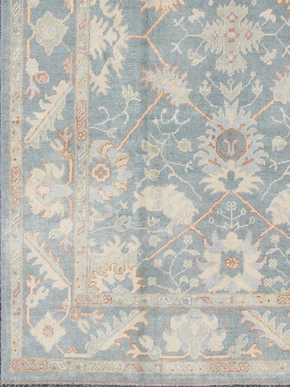 Turkish Oushak Rug with Floral Design in Light Steel - Blue and Coral Accent Turkish Oushak with all over design. Early 21st century / rug/ FIT - 3277 /Keivan Woven Arts Turkish Oushak rug with floral design in light steel blue and coral acc... - Keivan Woven ArtsFIY - 3277 - 5706Rug