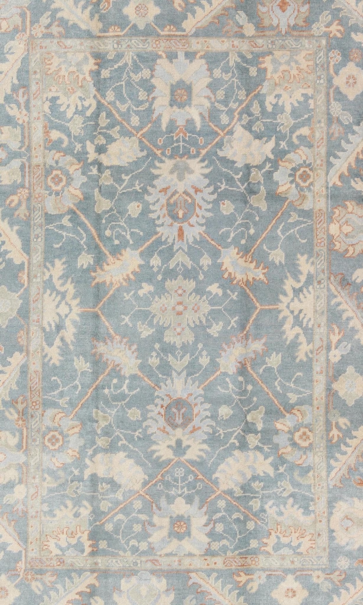 Turkish Oushak Rug with Floral Design in Light Steel - Blue and Coral Accent Turkish Oushak with all over design. Early 21st century / rug/ FIT - 3277 /Keivan Woven Arts Turkish Oushak rug with floral design in light steel blue and coral acc... - Keivan Woven ArtsFIY - 3277 - 5706Rug