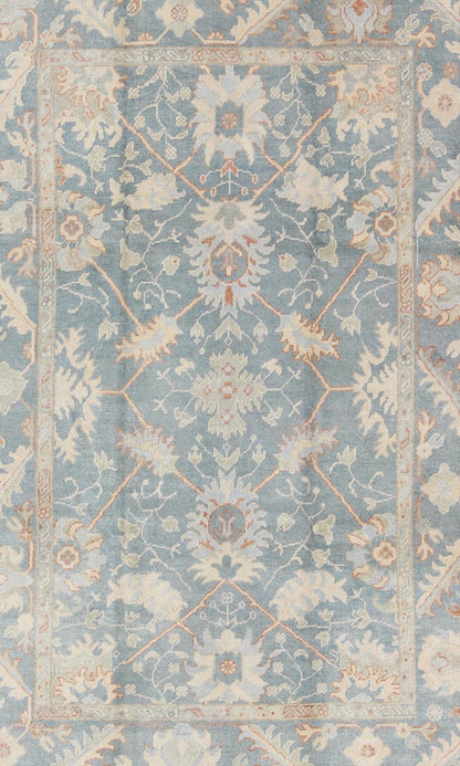 Turkish Oushak Rug with Floral Design in Light Steel - Blue and Coral Accent Turkish Oushak with all over design. Early 21st century / rug/ FIT - 3277 /Keivan Woven Arts Turkish Oushak rug with floral design in light steel blue and coral acc... - Keivan Woven ArtsFIY - 3277 - 5706Rug
