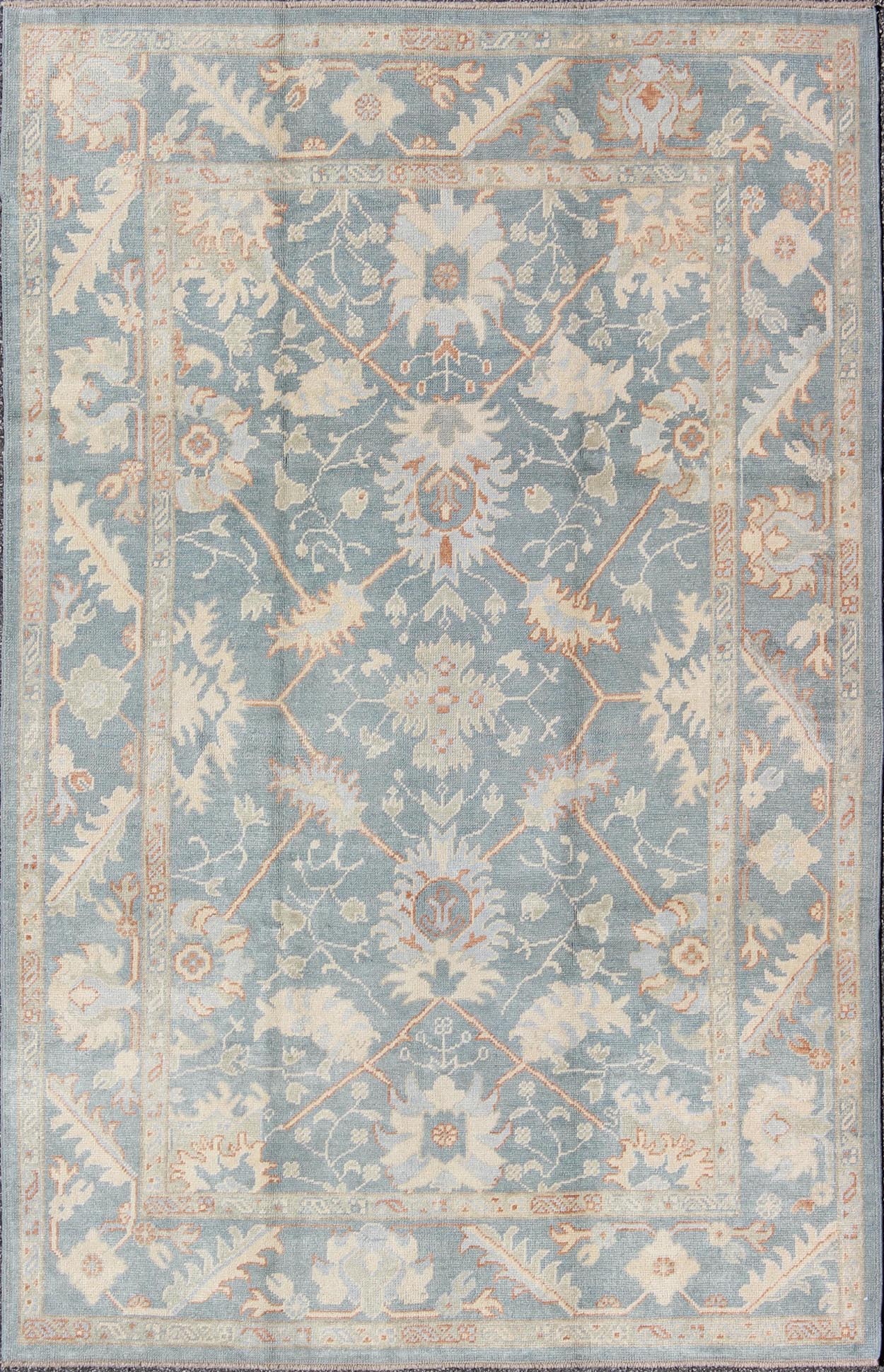 Turkish Oushak Rug with Floral Design in Light Steel - Blue and Coral Accent Turkish Oushak with all over design. Early 21st century / rug/ FIT - 3277 /Keivan Woven Arts Turkish Oushak rug with floral design in light steel blue and coral acc... - Keivan Woven ArtsFIY - 3277 - 5706Rug