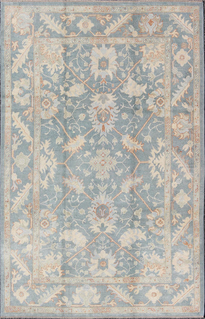 Turkish Oushak Rug with Floral Design in Light Steel - Blue and Coral Accent Turkish Oushak with all over design. Early 21st century / rug/ FIT - 3277 /Keivan Woven Arts Turkish Oushak rug with floral design in light steel blue and coral acc... - Keivan Woven ArtsFIY - 3277 - 5706Rug