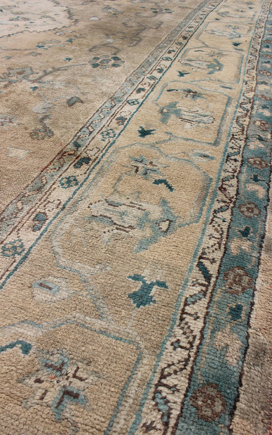 Neutral Antique Oushak Carpet in Shades of Teal, Green, Khaki, Taupe and Butter Yellow. Neutralantique Oushak carpet in shades of teal, green, khaki, taupe and butter yellow. Keivan Woven Arts / kwarugs /rug na - 54747, country of origin / type: Turkey /... - Keivan Woven ArtsG - 0101 - 409Rug