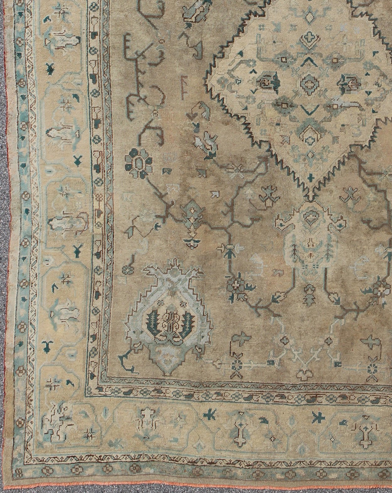 Neutral Antique Oushak Carpet in Shades of Teal, Green, Khaki, Taupe and Butter Yellow. Neutralantique Oushak carpet in shades of teal, green, khaki, taupe and butter yellow. Keivan Woven Arts / kwarugs /rug na - 54747, country of origin / type: Turkey /... - Keivan Woven ArtsG - 0101 - 409Rug
