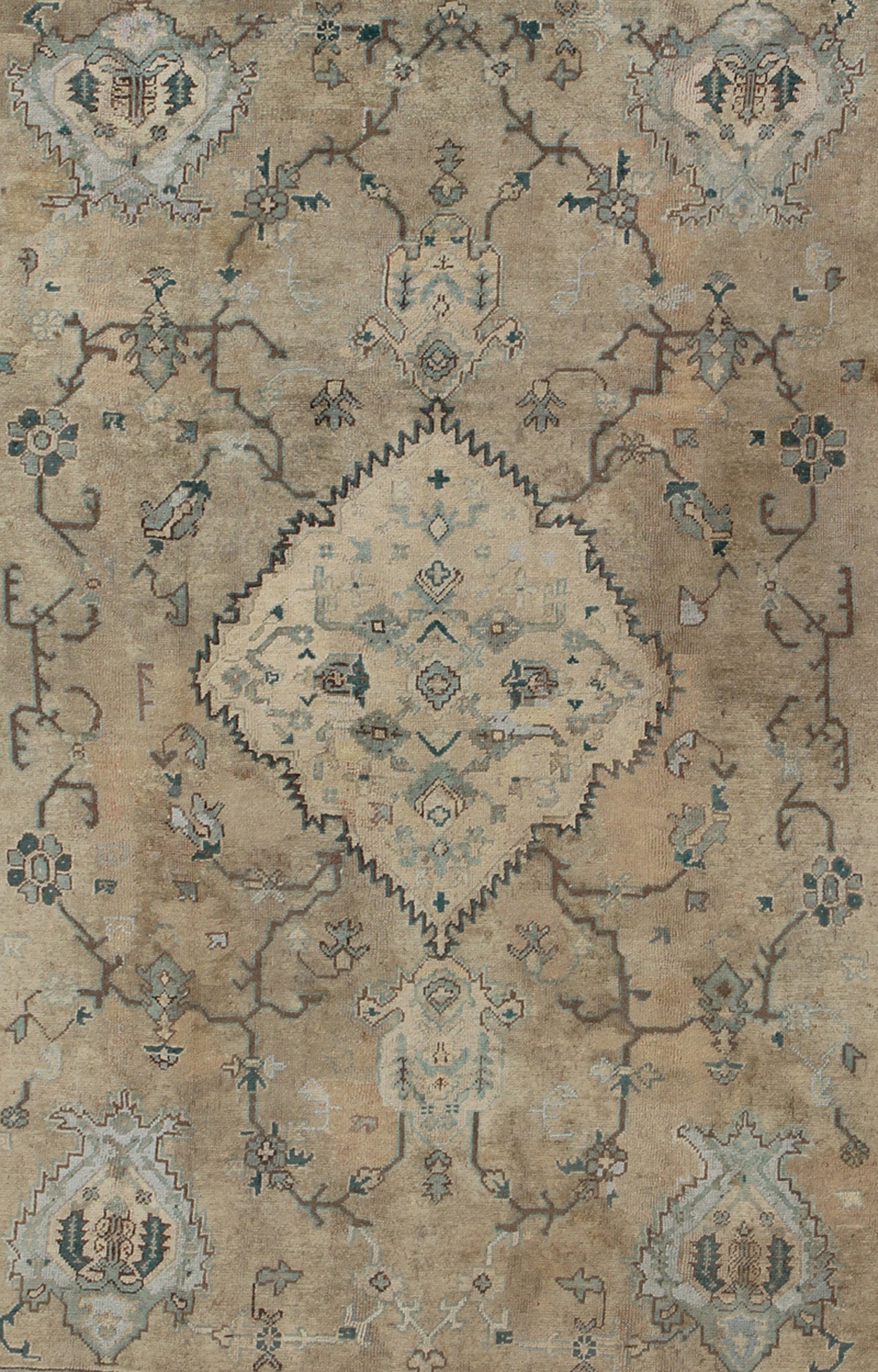 Neutral Antique Oushak Carpet in Shades of Teal, Green, Khaki, Taupe and Butter Yellow. Neutralantique Oushak carpet in shades of teal, green, khaki, taupe and butter yellow. Keivan Woven Arts / kwarugs /rug na - 54747, country of origin / type: Turkey /... - Keivan Woven ArtsG - 0101 - 409Rug