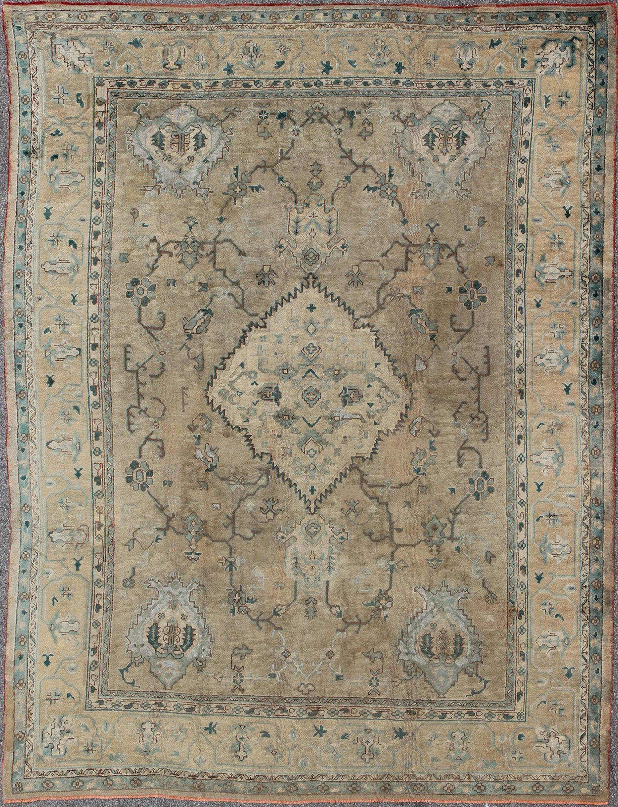 Neutral Antique Oushak Carpet in Shades of Teal, Green, Khaki, Taupe and Butter Yellow. Neutralantique Oushak carpet in shades of teal, green, khaki, taupe and butter yellow. Keivan Woven Arts / kwarugs /rug na - 54747, country of origin / type: Turkey /... - Keivan Woven ArtsG - 0101 - 409Rug