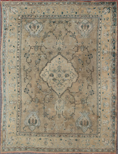 Neutral Antique Oushak Carpet in Shades of Teal, Green, Khaki, Taupe and Butter Yellow. Neutralantique Oushak carpet in shades of teal, green, khaki, taupe and butter yellow. Keivan Woven Arts / kwarugs /rug na - 54747, country of origin / type: Turkey /... - Keivan Woven ArtsG - 0101 - 409Rug