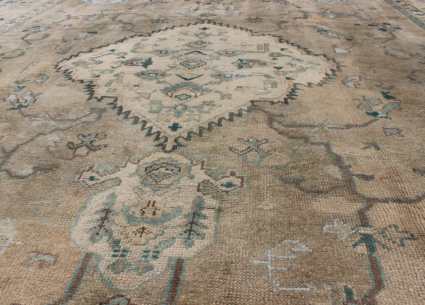 Neutral Antique Oushak Carpet in Shades of Teal, Green, Khaki, Taupe and Butter Yellow. Neutralantique Oushak carpet in shades of teal, green, khaki, taupe and butter yellow. Keivan Woven Arts / kwarugs /rug na - 54747, country of origin / type: Turkey /... - Keivan Woven ArtsG - 0101 - 409Rug