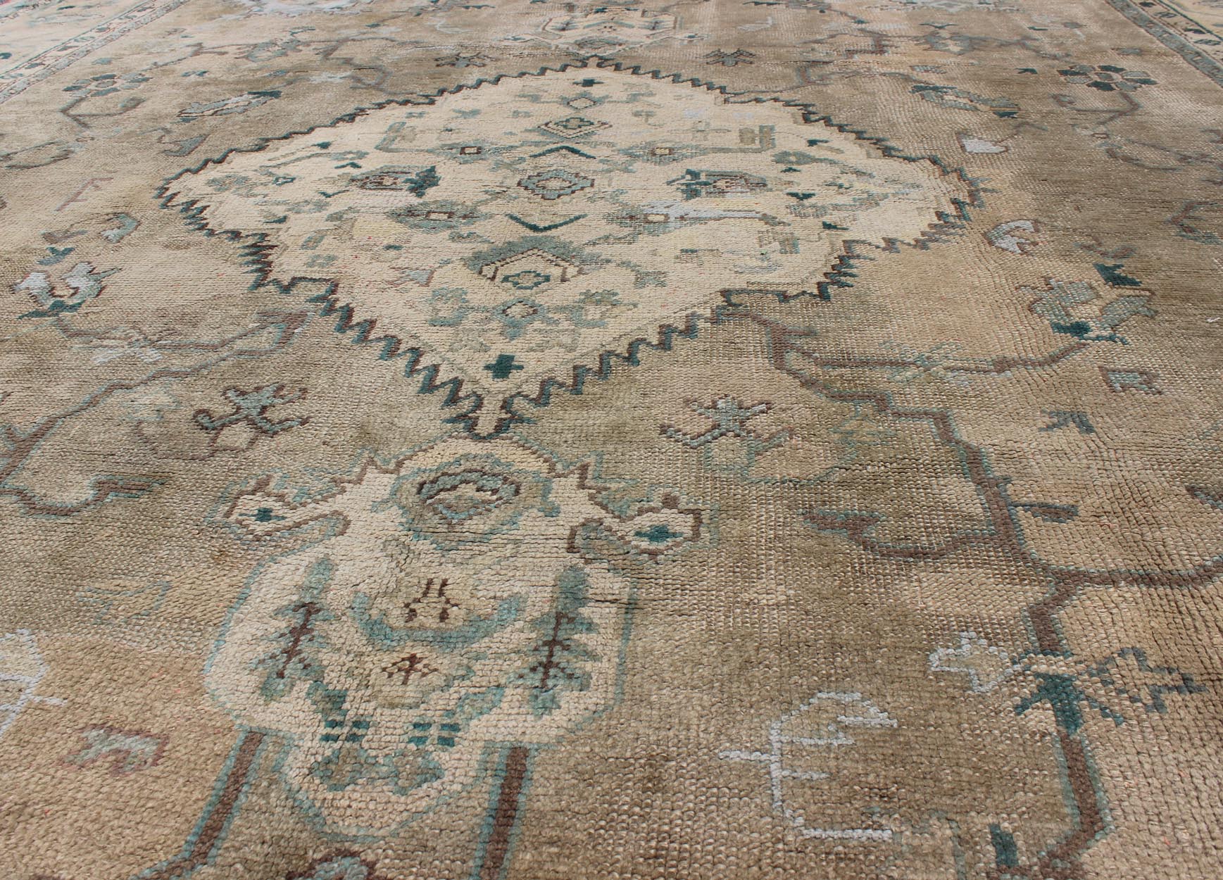 Neutral Antique Oushak Carpet in Shades of Teal, Green, Khaki, Taupe and Butter Yellow. Neutralantique Oushak carpet in shades of teal, green, khaki, taupe and butter yellow. Keivan Woven Arts / kwarugs /rug na - 54747, country of origin / type: Turkey /... - Keivan Woven ArtsG - 0101 - 409Rug