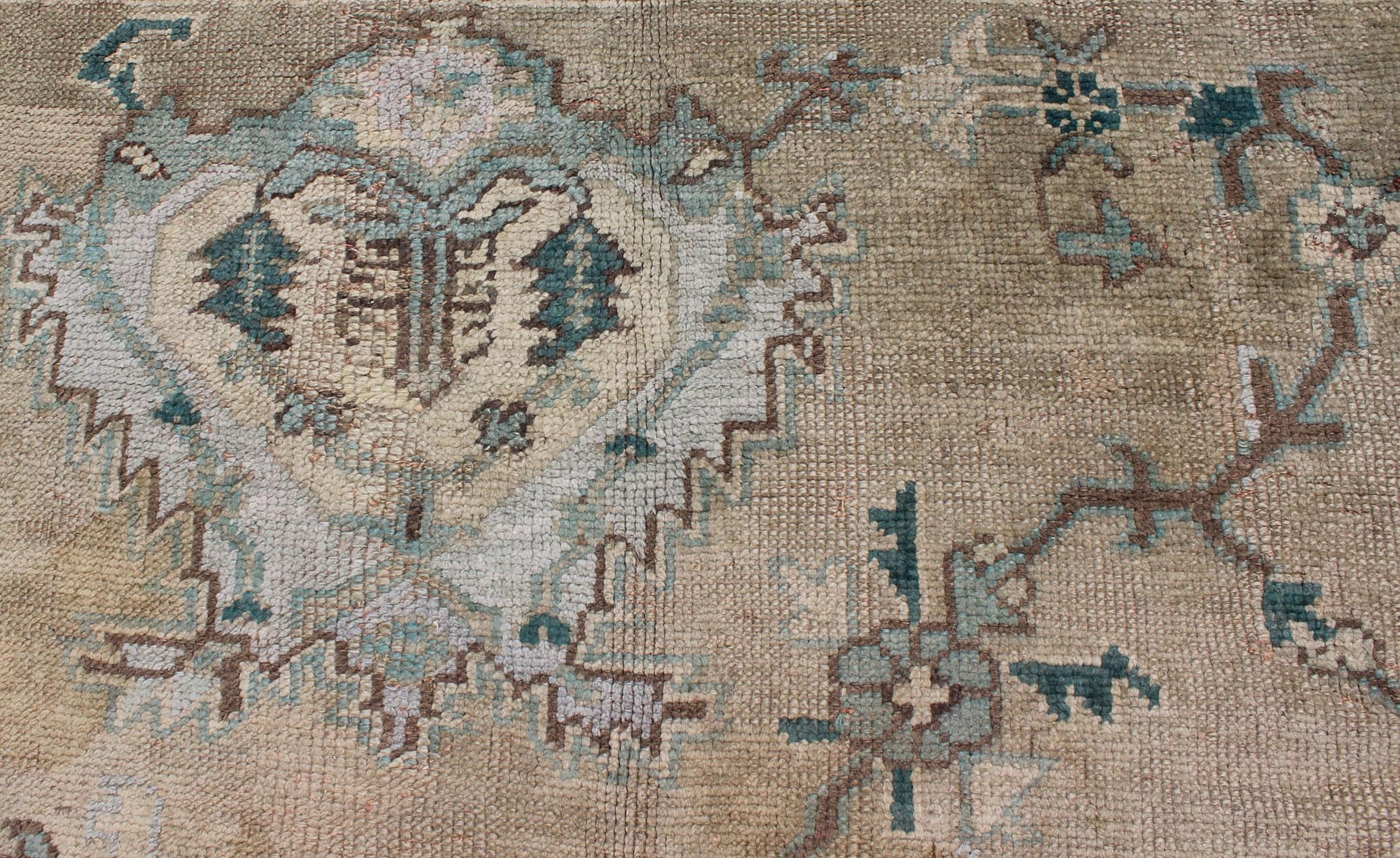Neutral Antique Oushak Carpet in Shades of Teal, Green, Khaki, Taupe and Butter Yellow. Neutralantique Oushak carpet in shades of teal, green, khaki, taupe and butter yellow. Keivan Woven Arts / kwarugs /rug na - 54747, country of origin / type: Turkey /... - Keivan Woven ArtsG - 0101 - 409Rug