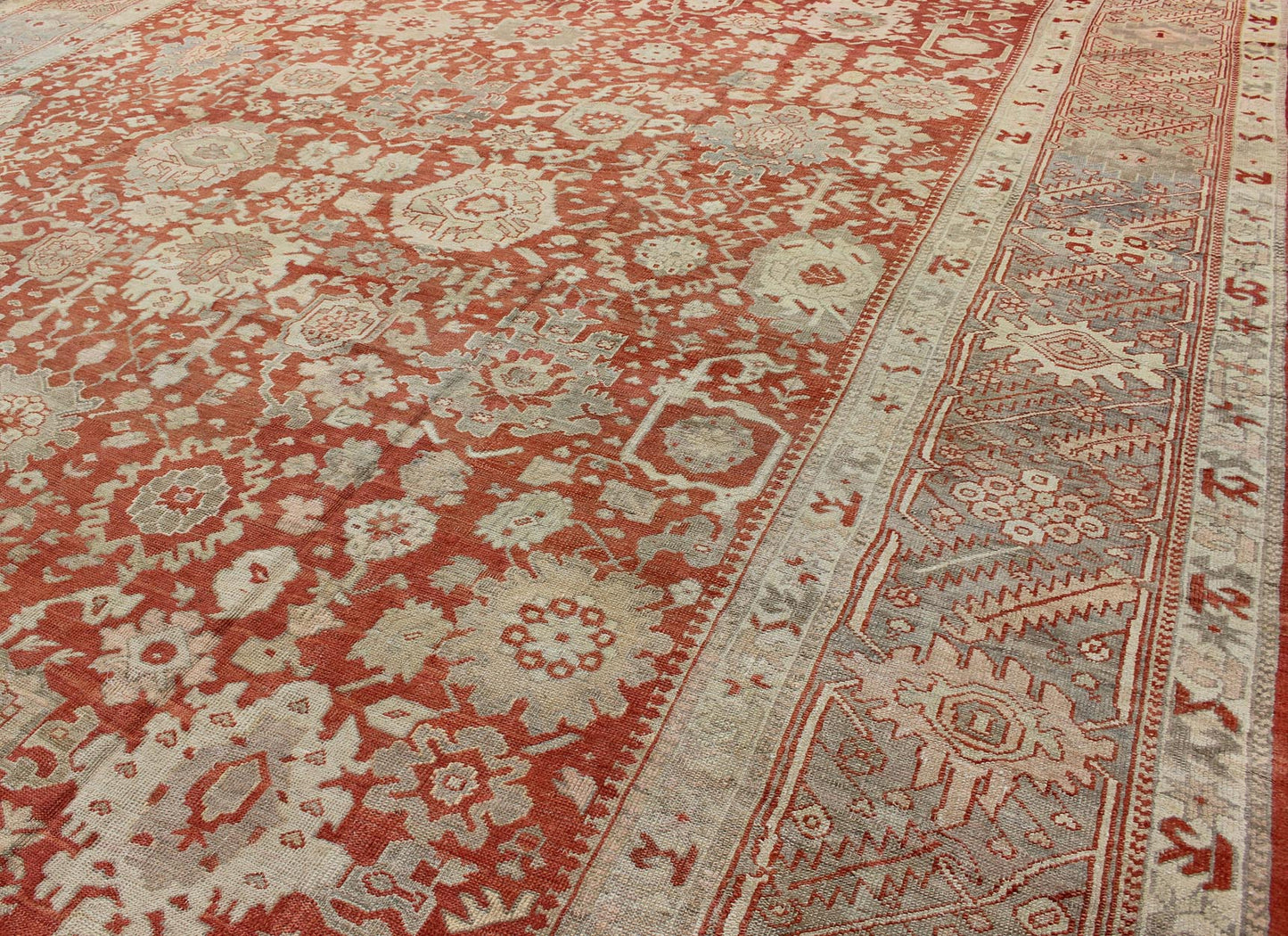 Large Antique Oushak Rug with Floral Design in Soft Orange, Taupe, Light Green. Turkish antique Oushak. Large antique Oushak rug with all - over floral design in soft vermilion red, taupe, light green, gray and light orange rug/G - 0102, Turkish... - Keivan Woven ArtsG - 0102 - 98Rug
