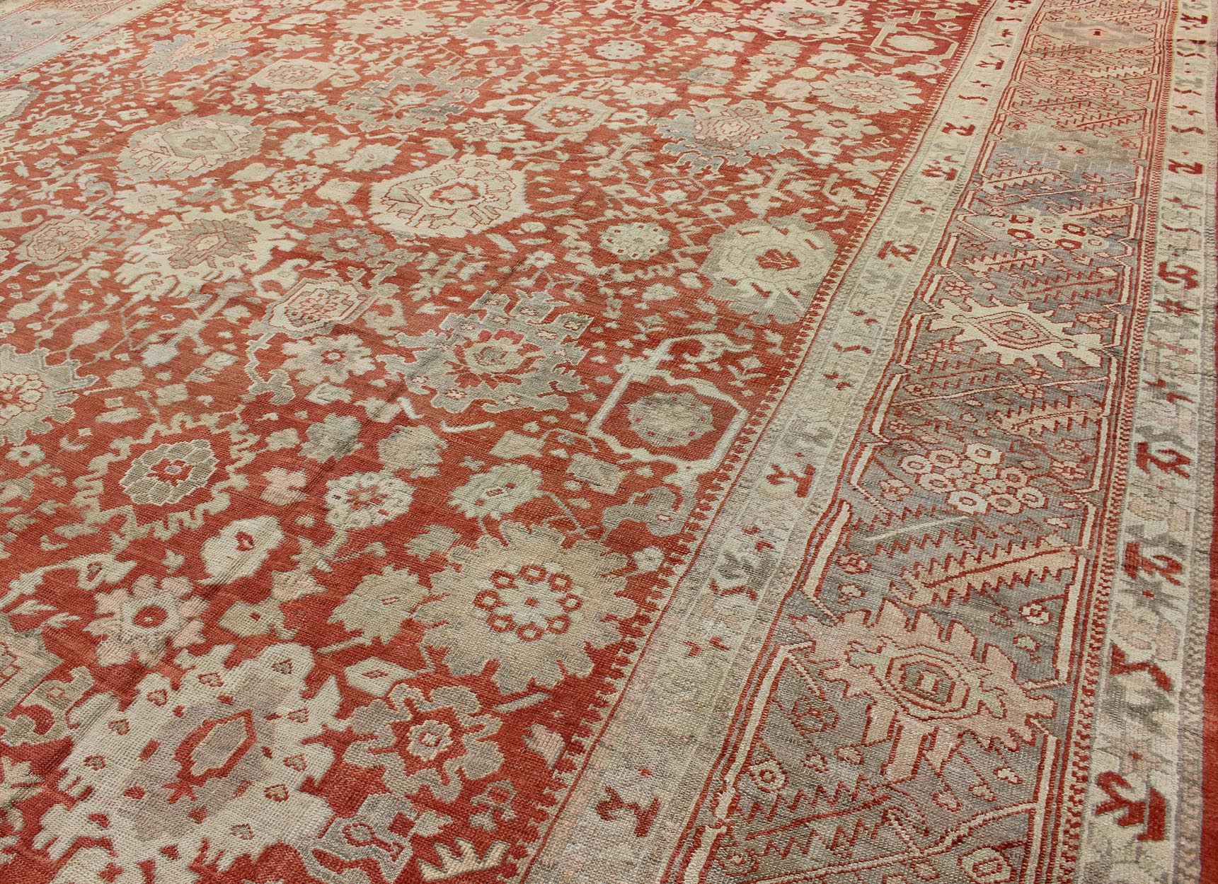 Large Antique Oushak Rug with Floral Design in Soft Orange, Taupe, Light Green. Turkish antique Oushak. Large antique Oushak rug with all - over floral design in soft vermilion red, taupe, light green, gray and light orange rug/G - 0102, Turkish... - Keivan Woven ArtsG - 0102 - 98Rug
