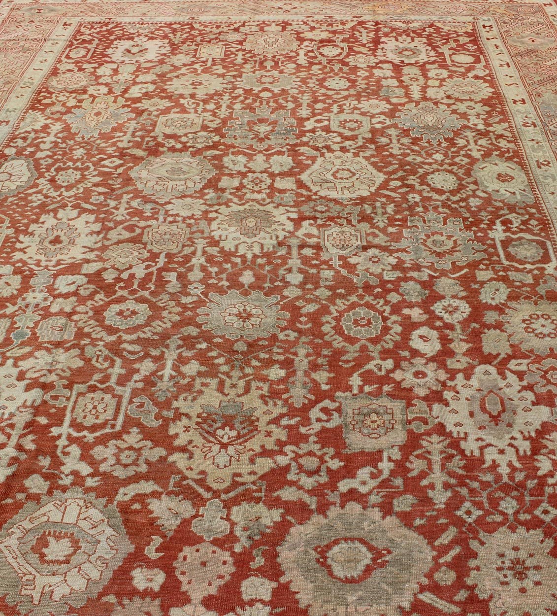 Large Antique Oushak Rug with Floral Design in Soft Orange, Taupe, Light Green. Turkish antique Oushak. Large antique Oushak rug with all - over floral design in soft vermilion red, taupe, light green, gray and light orange rug/G - 0102, Turkish... - Keivan Woven ArtsG - 0102 - 98Rug
