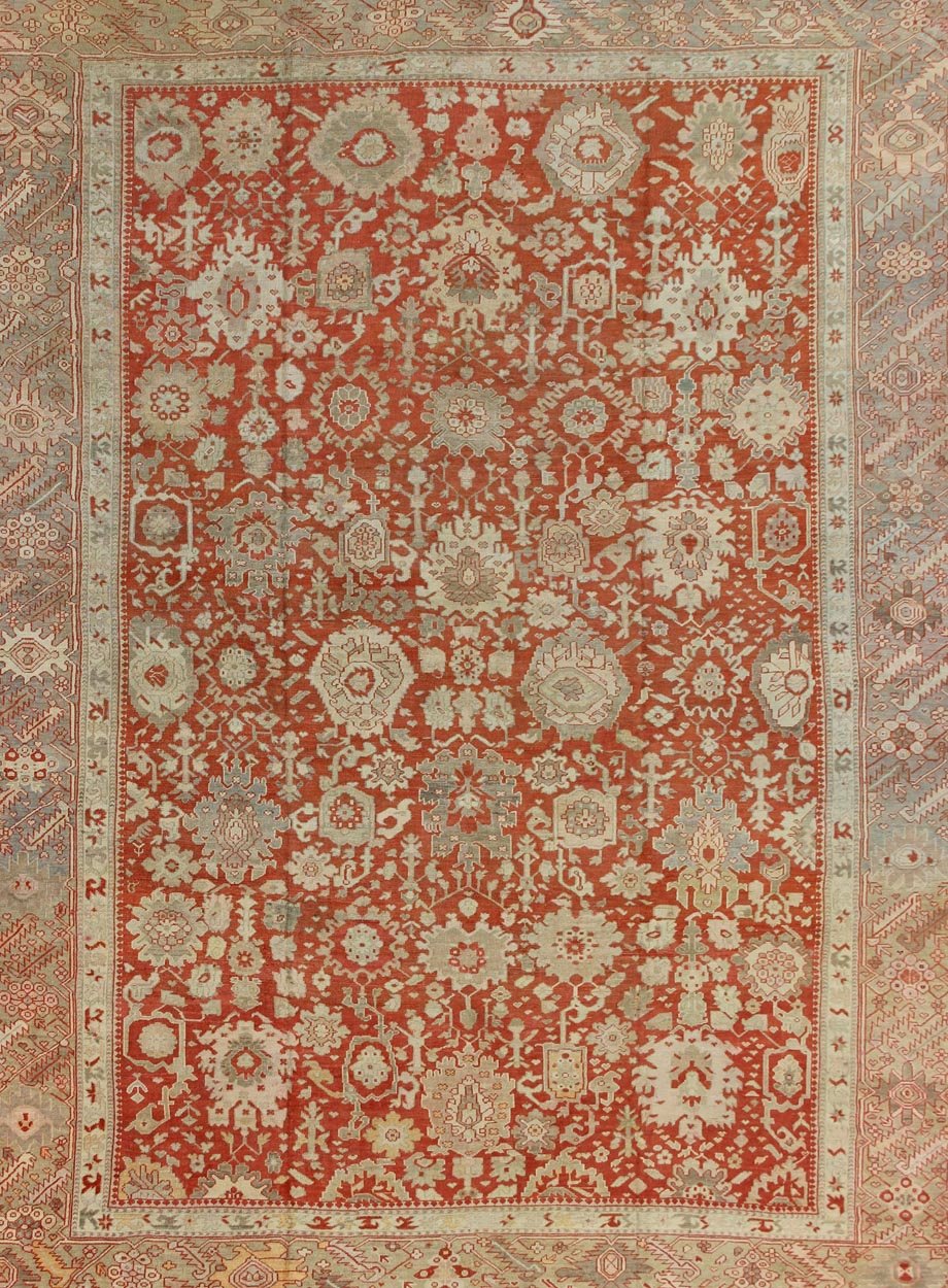 Large Antique Oushak Rug with Floral Design in Soft Orange, Taupe, Light Green. Turkish antique Oushak. Large antique Oushak rug with all - over floral design in soft vermilion red, taupe, light green, gray and light orange rug/G - 0102, Turkish... - Keivan Woven ArtsG - 0102 - 98Rug