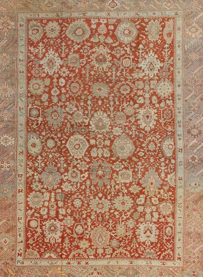 Large Antique Oushak Rug with Floral Design in Soft Orange, Taupe, Light Green. Turkish antique Oushak. Large antique Oushak rug with all - over floral design in soft vermilion red, taupe, light green, gray and light orange rug/G - 0102, Turkish... - Keivan Woven ArtsG - 0102 - 98Rug