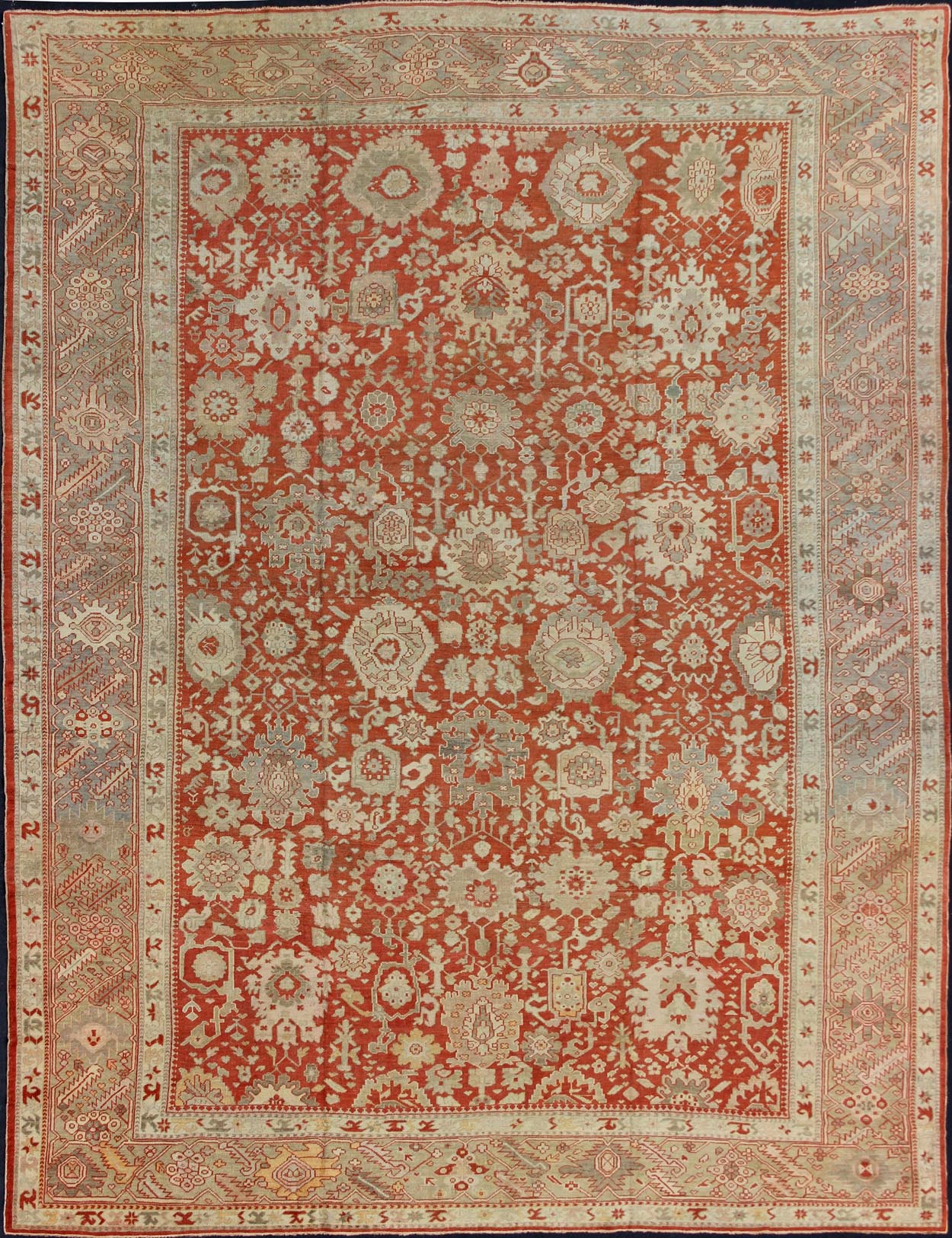 Large Antique Oushak Rug with Floral Design in Soft Orange, Taupe, Light Green. Turkish antique Oushak. Large antique Oushak rug with all - over floral design in soft vermilion red, taupe, light green, gray and light orange rug/G - 0102, Turkish... - Keivan Woven ArtsG - 0102 - 98Rug