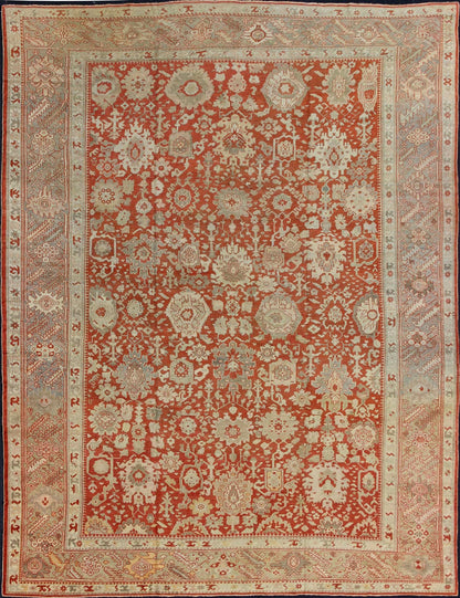 Large Antique Oushak Rug with Floral Design in Soft Orange, Taupe, Light Green. Turkish antique Oushak. Large antique Oushak rug with all - over floral design in soft vermilion red, taupe, light green, gray and light orange rug/G - 0102, Turkish... - Keivan Woven ArtsG - 0102 - 98Rug