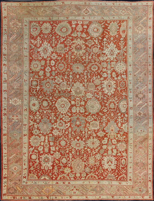 Large Antique Oushak Rug with Floral Design in Soft Orange, Taupe, Light Green. Turkish antique Oushak. Large antique Oushak rug with all - over floral design in soft vermilion red, taupe, light green, gray and light orange rug/G - 0102, Turkish... - Keivan Woven ArtsG - 0102 - 98Rug