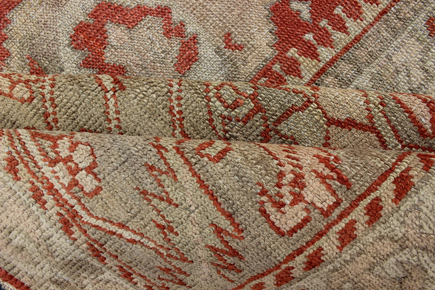 Large Antique Oushak Rug with Floral Design in Soft Orange, Taupe, Light Green. Turkish antique Oushak. Large antique Oushak rug with all - over floral design in soft vermilion red, taupe, light green, gray and light orange rug/G - 0102, Turkish... - Keivan Woven ArtsG - 0102 - 98Rug