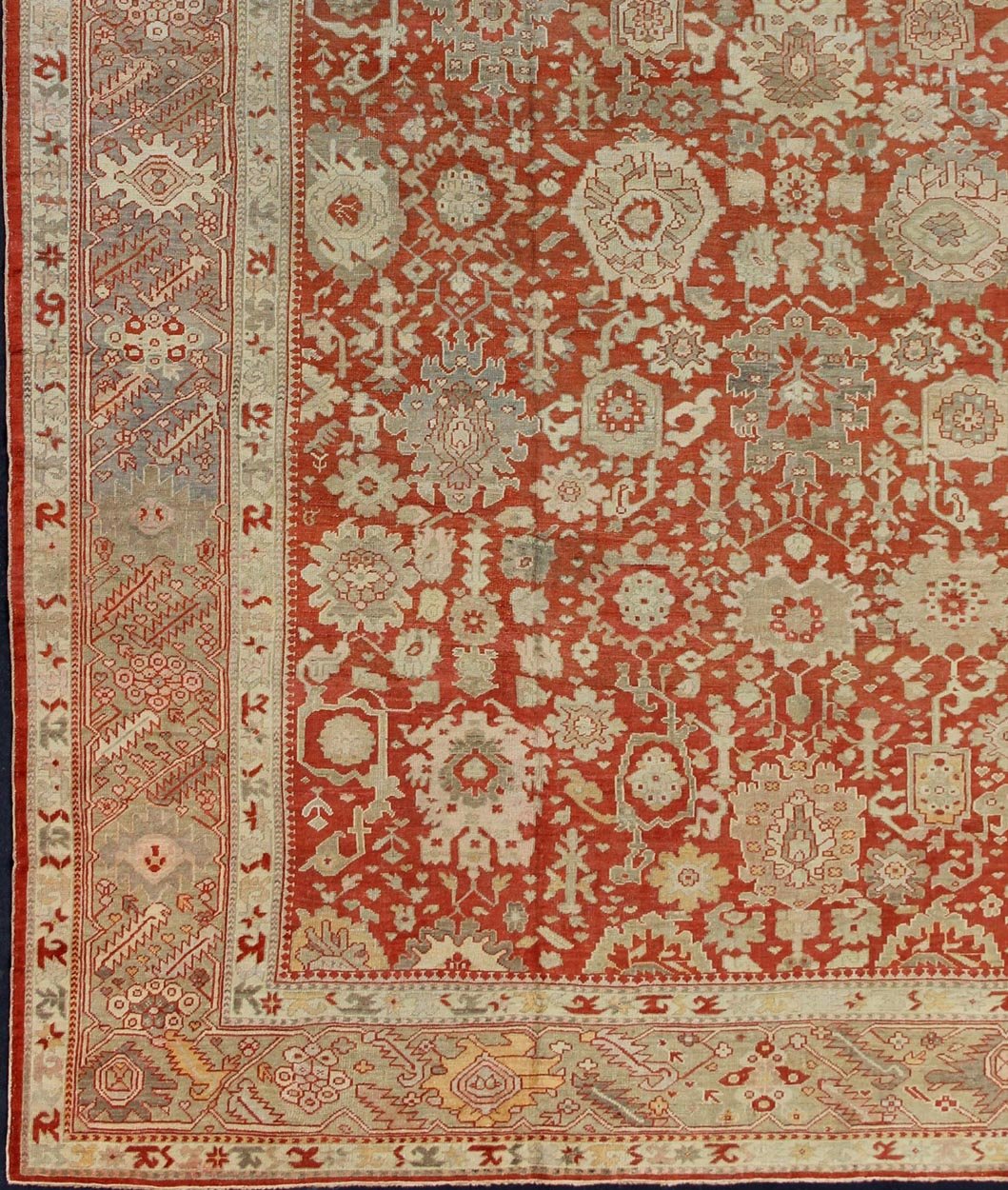 Large Antique Oushak Rug with Floral Design in Soft Orange, Taupe, Light Green. Turkish antique Oushak. Large antique Oushak rug with all - over floral design in soft vermilion red, taupe, light green, gray and light orange rug/G - 0102, Turkish... - Keivan Woven ArtsG - 0102 - 98Rug