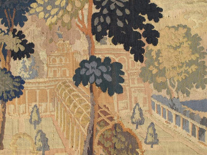 Antique French Tapestry with Pictorial Design in Blue, Teal Green, Yellow & Red Measures: 4' x 5'5. This beautiful French tapestry was crafted around the turn of the 20th Century and features a pictorial design depicting two individuals frolickin... - Keivan Woven ArtsG - 0205 - 1560Rug