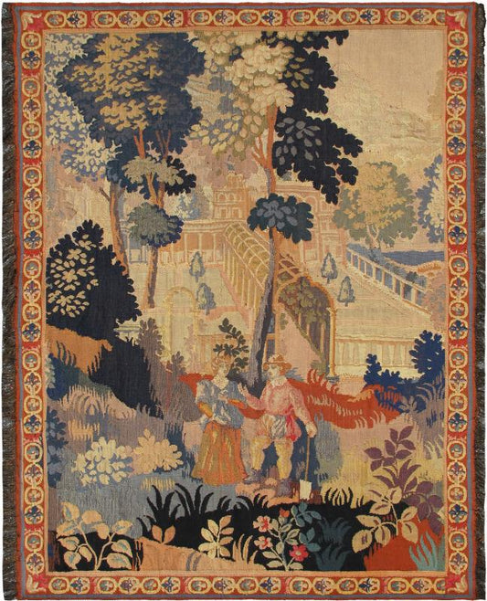 Antique French Tapestry with Pictorial Design in Blue, Teal Green, Yellow & Red Measures: 4' x 5'5. This beautiful French tapestry was crafted around the turn of the 20th Century and features a pictorial design depicting two individuals frolickin... - Keivan Woven ArtsG - 0205 - 1560Rug