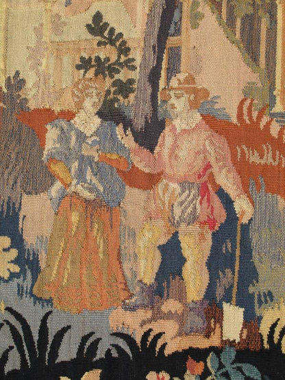 Antique French Tapestry with Pictorial Design in Blue, Teal Green, Yellow & Red Measures: 4' x 5'5. This beautiful French tapestry was crafted around the turn of the 20th Century and features a pictorial design depicting two individuals frolickin... - Keivan Woven ArtsG - 0205 - 1560Rug