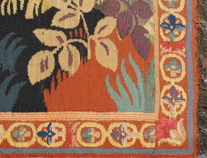 Antique French Tapestry with Pictorial Design in Blue, Teal Green, Yellow & Red Measures: 4' x 5'5. This beautiful French tapestry was crafted around the turn of the 20th Century and features a pictorial design depicting two individuals frolickin... - Keivan Woven ArtsG - 0205 - 1560Rug