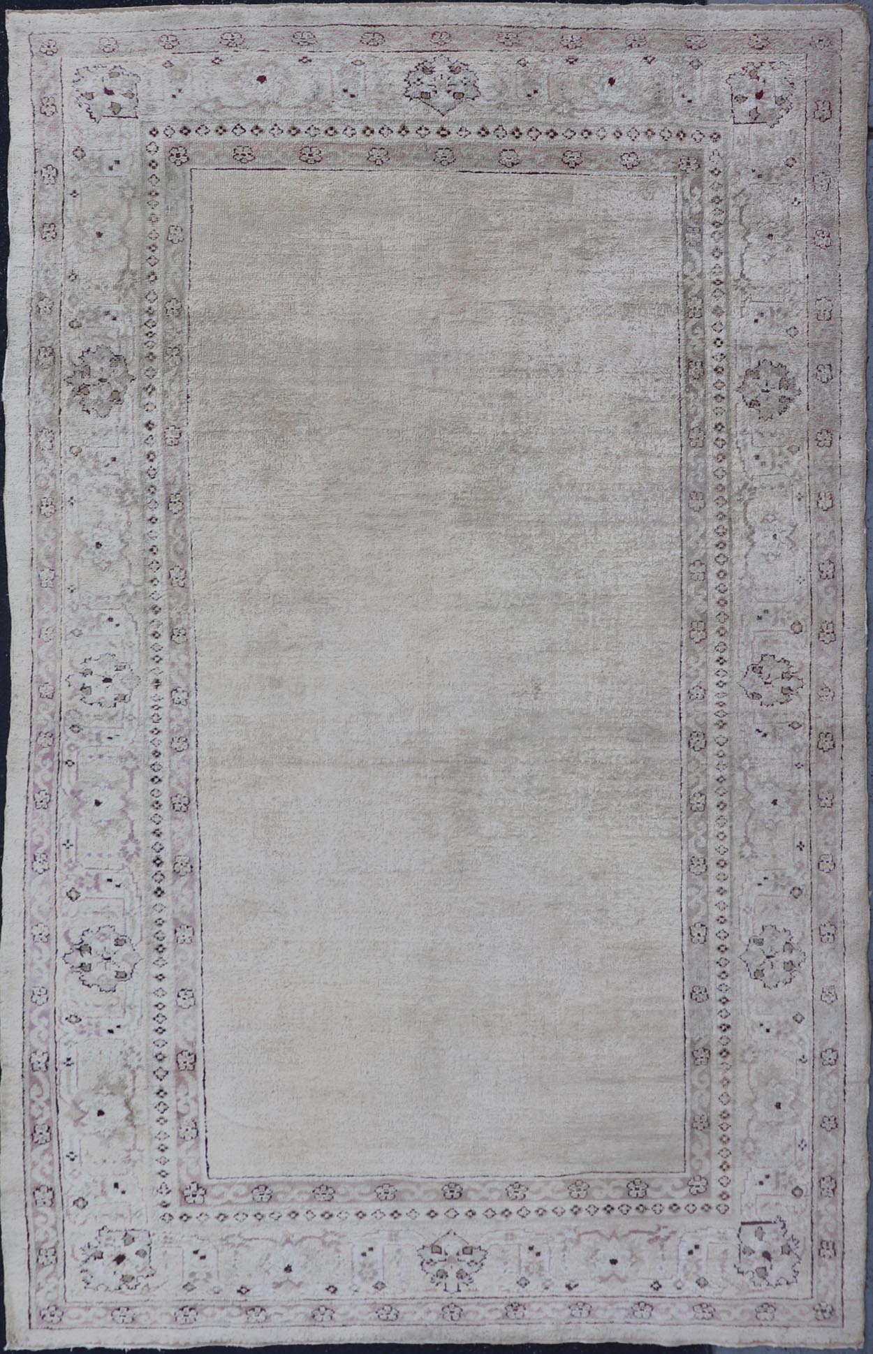 Antique Indian Amritsar Rug with Cream Background, Red & Lavender Border Antique Indian Amritsar rug with solid field of creamy yellow and ornate lavender and red border, Keivan Woven Arts / rug G - 0206, country of origin / type: India / Amritsa... - Keivan Woven ArtsG - 0206 - 910Rug