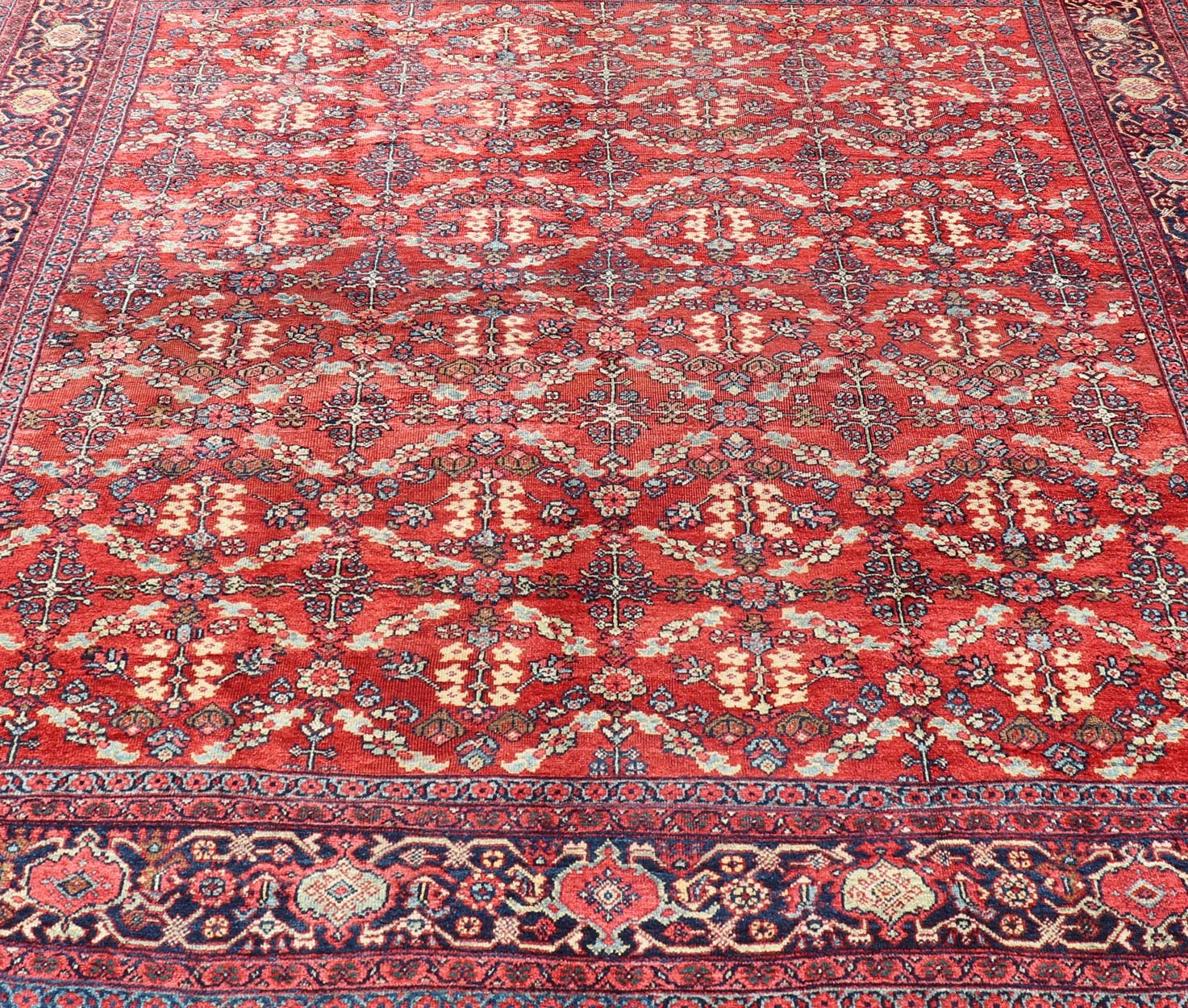 Square Sized Geometric Antique Persian Mahal - Sultanabad Rug in Red and Blue colors. Red background antique Persian Mahal - Sultanabad rug with large flowers, 1920, Keivan Woven Arts/rug /G - 0208, country of origin / type: Iran / Sultanabad, circa ... - Keivan Woven ArtsG - 0208 - 1700Rug