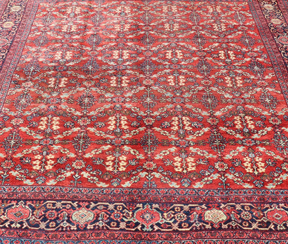 Square Sized Geometric Antique Persian Mahal - Sultanabad Rug in Red and Blue colors. Red background antique Persian Mahal - Sultanabad rug with large flowers, 1920, Keivan Woven Arts/rug /G - 0208, country of origin / type: Iran / Sultanabad, circa ... - Keivan Woven ArtsG - 0208 - 1700Rug