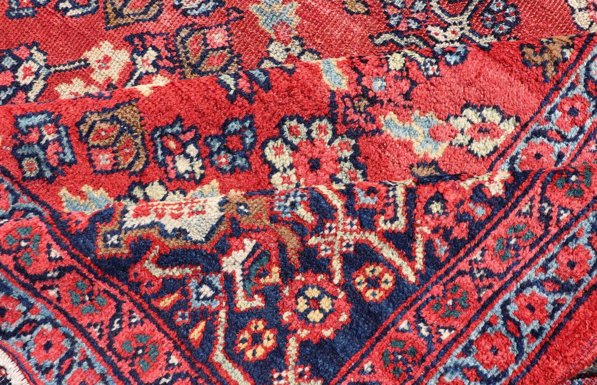 Square Sized Geometric Antique Persian Mahal - Sultanabad Rug in Red and Blue colors. Red background antique Persian Mahal - Sultanabad rug with large flowers, 1920, Keivan Woven Arts/rug /G - 0208, country of origin / type: Iran / Sultanabad, circa ... - Keivan Woven ArtsG - 0208 - 1700Rug