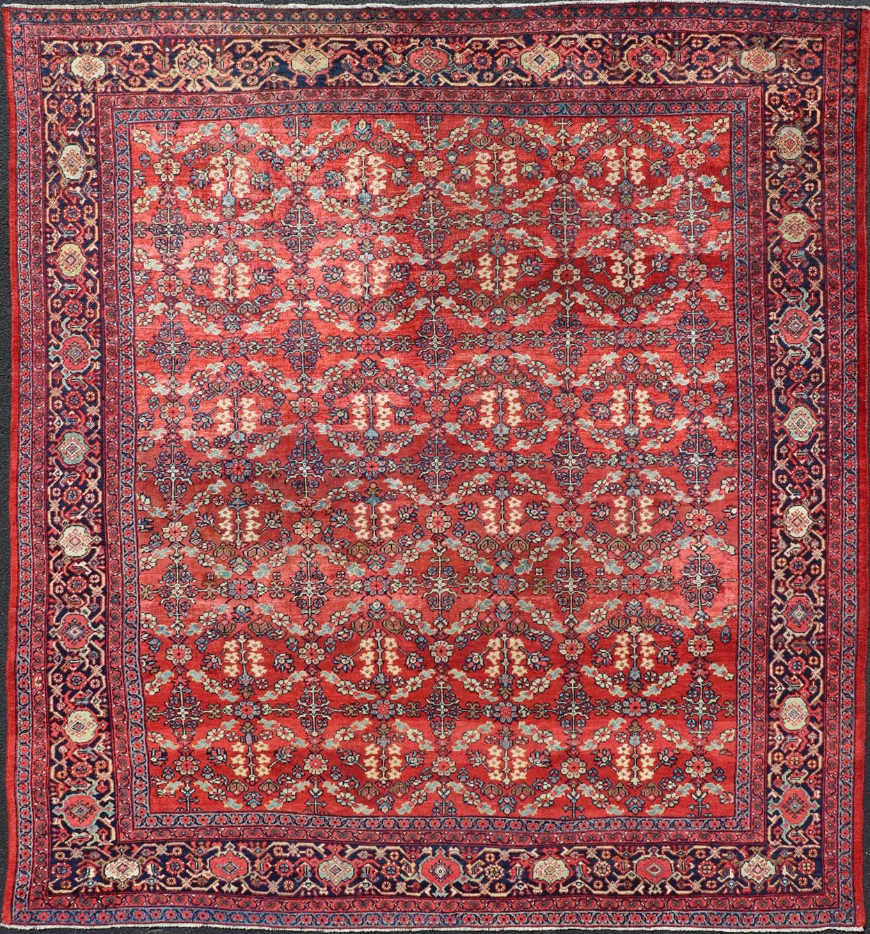 Square Sized Geometric Antique Persian Mahal - Sultanabad Rug in Red and Blue colors. Red background antique Persian Mahal - Sultanabad rug with large flowers, 1920, Keivan Woven Arts/rug /G - 0208, country of origin / type: Iran / Sultanabad, circa ... - Keivan Woven ArtsG - 0208 - 1700Rug