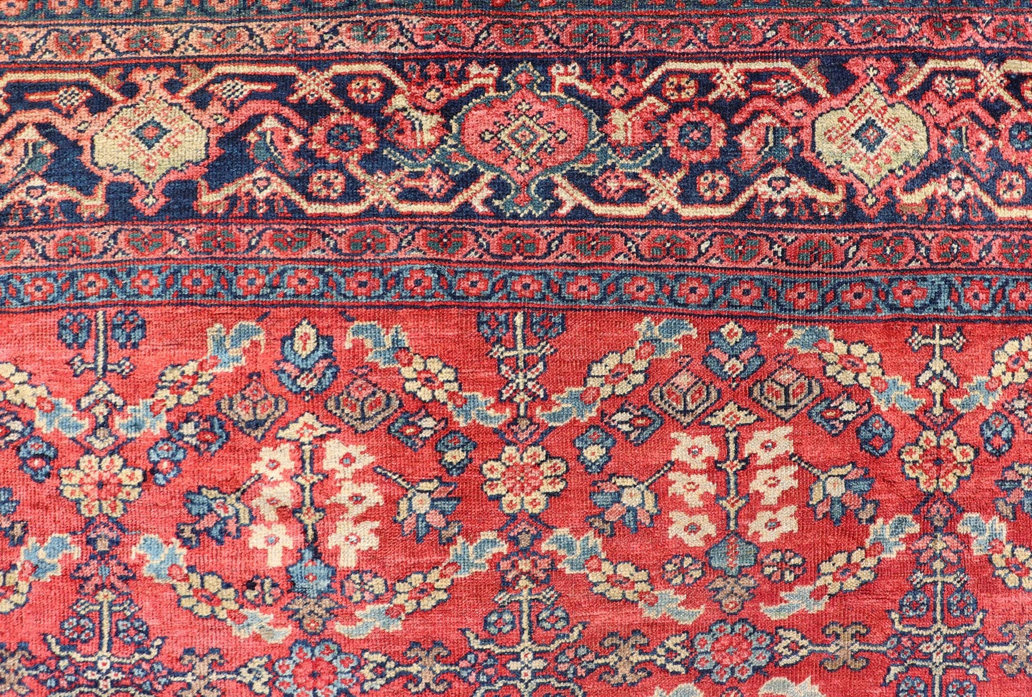 Square Sized Geometric Antique Persian Mahal - Sultanabad Rug in Red and Blue colors. Red background antique Persian Mahal - Sultanabad rug with large flowers, 1920, Keivan Woven Arts/rug /G - 0208, country of origin / type: Iran / Sultanabad, circa ... - Keivan Woven ArtsG - 0208 - 1700Rug