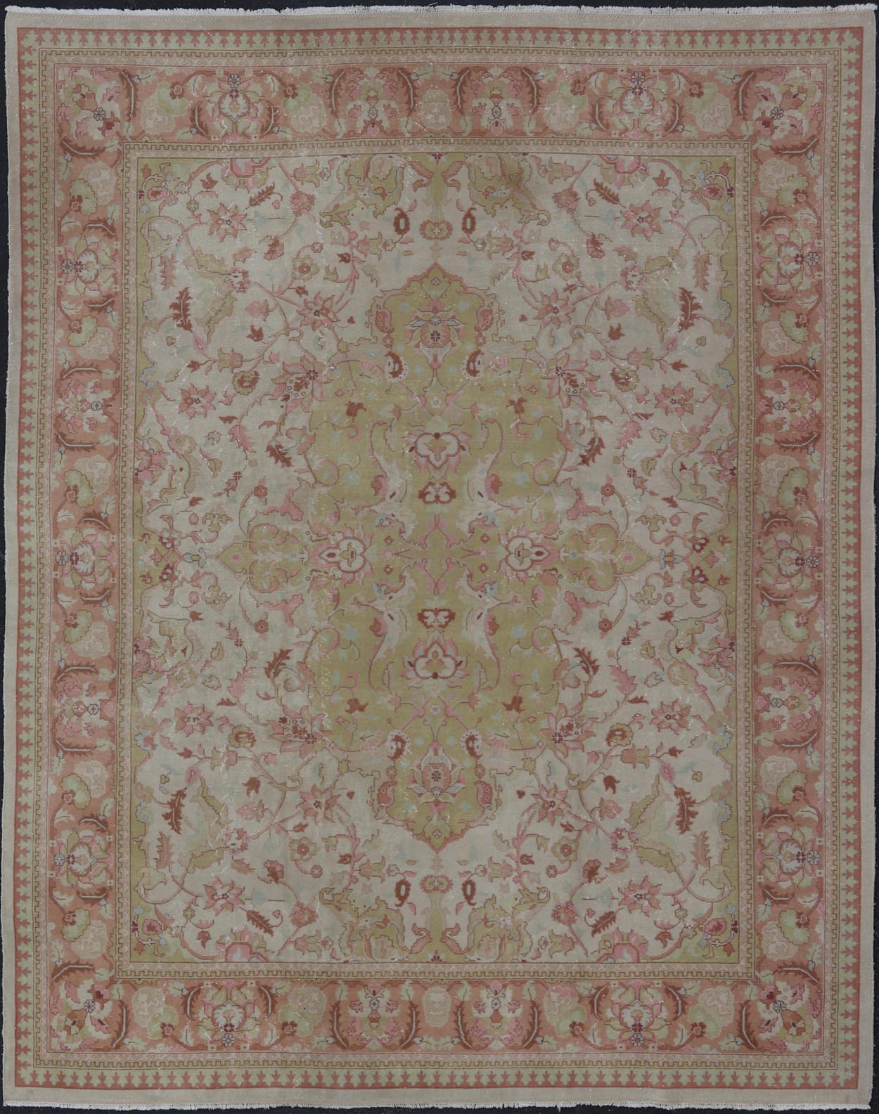 Keivan Woven Arts large Vintage Indian Amritsar rug with Floral in Ivory, Light Yellow Green, Salmon & Pink. Keivan Woven Arts / rug / G - 0304 / Mid - 20th Century / 1940 circa / Antique Amritsar Measures: 11'9 x 14'5. A Classic design in ... - Keivan Woven ArtsG - 0304 - 415Rug