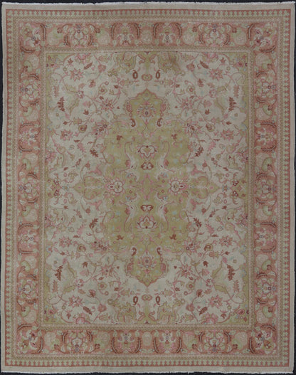 Keivan Woven Arts large Vintage Indian Amritsar rug with Floral in Ivory, Light Yellow Green, Salmon & Pink. Keivan Woven Arts / rug / G - 0304 / Mid - 20th Century / 1940 circa / Antique Amritsar Measures: 11'9 x 14'5. A Classic design in ... - Keivan Woven ArtsG - 0304 - 415Rug