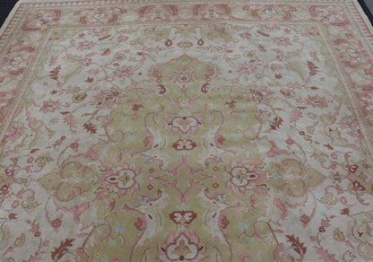 Keivan Woven Arts large Vintage Indian Amritsar rug with Floral in Ivory, Light Yellow Green, Salmon & Pink. Keivan Woven Arts / rug / G - 0304 / Mid - 20th Century / 1940 circa / Antique Amritsar Measures: 11'9 x 14'5. A Classic design in ... - Keivan Woven ArtsG - 0304 - 415Rug
