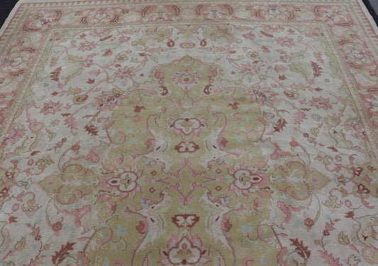 Keivan Woven Arts large Vintage Indian Amritsar rug with Floral in Ivory, Light Yellow Green, Salmon & Pink. Keivan Woven Arts / rug / G - 0304 / Mid - 20th Century / 1940 circa / Antique Amritsar Measures: 11'9 x 14'5. A Classic design in ... - Keivan Woven ArtsG - 0304 - 415Rug