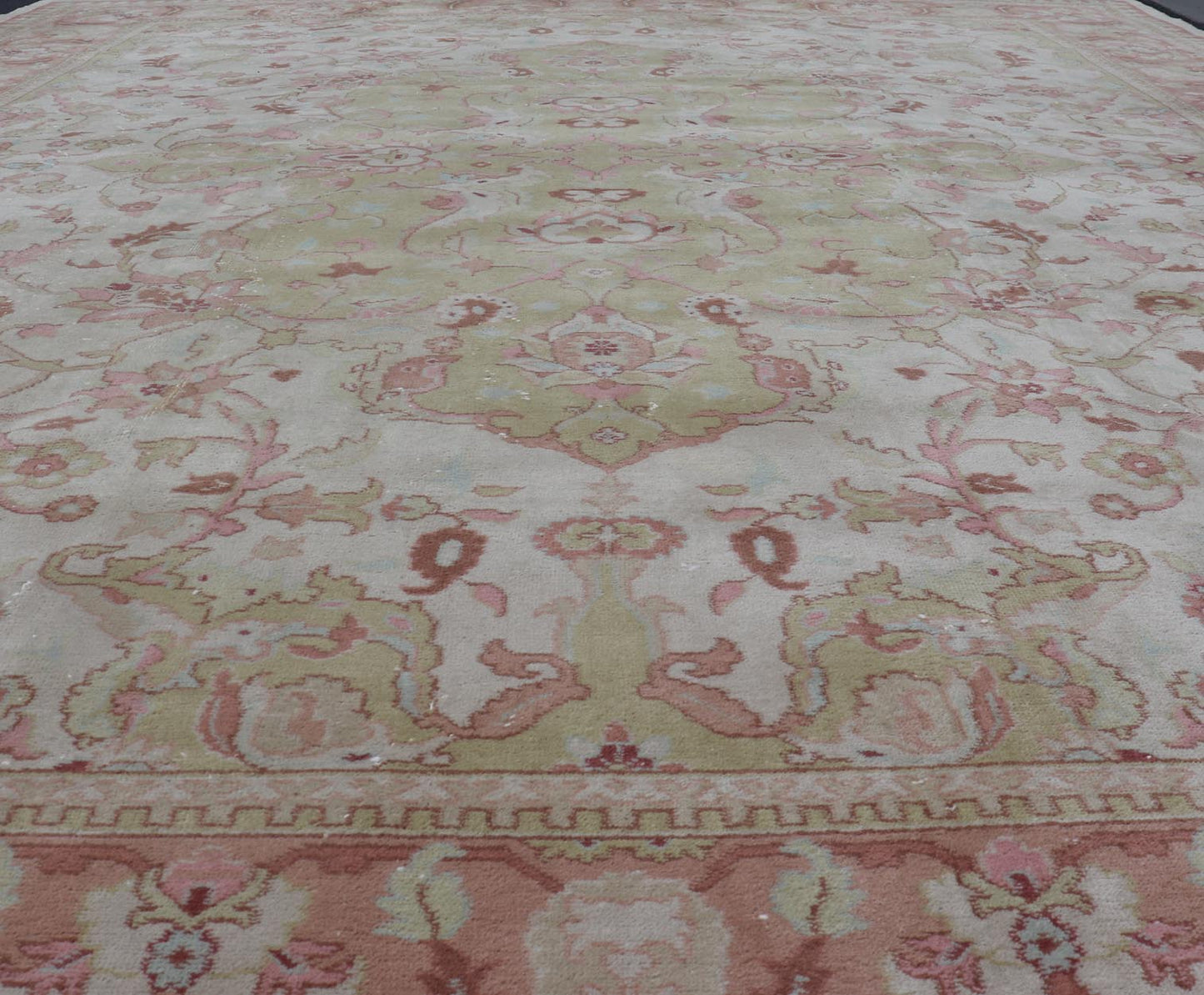 Keivan Woven Arts large Vintage Indian Amritsar rug with Floral in Ivory, Light Yellow Green, Salmon & Pink. Keivan Woven Arts / rug / G - 0304 / Mid - 20th Century / 1940 circa / Antique Amritsar Measures: 11'9 x 14'5. A Classic design in ... - Keivan Woven ArtsG - 0304 - 415Rug