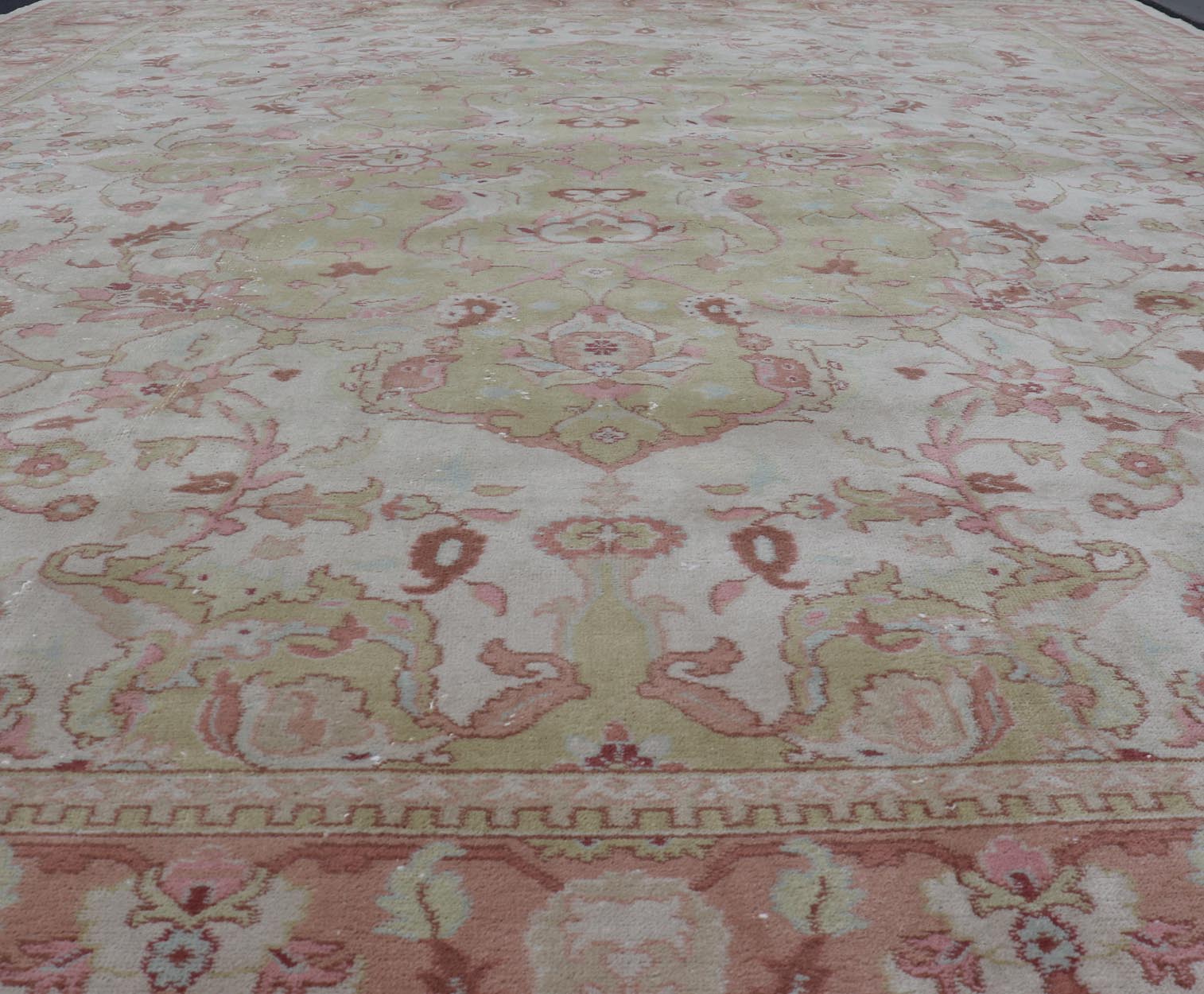 Keivan Woven Arts large Vintage Indian Amritsar rug with Floral in Ivory, Light Yellow Green, Salmon & Pink. Keivan Woven Arts / rug / G - 0304 / Mid - 20th Century / 1940 circa / Antique Amritsar Measures: 11'9 x 14'5. A Classic design in ... - Keivan Woven ArtsG - 0304 - 415Rug