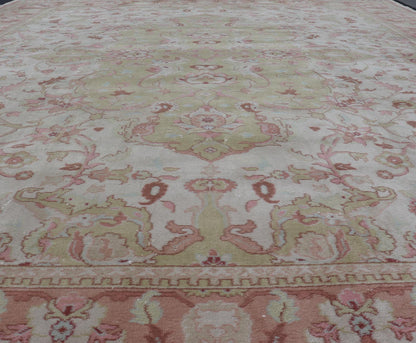 Keivan Woven Arts large Vintage Indian Amritsar rug with Floral in Ivory, Light Yellow Green, Salmon & Pink. Keivan Woven Arts / rug / G - 0304 / Mid - 20th Century / 1940 circa / Antique Amritsar Measures: 11'9 x 14'5. A Classic design in ... - Keivan Woven ArtsG - 0304 - 415Rug