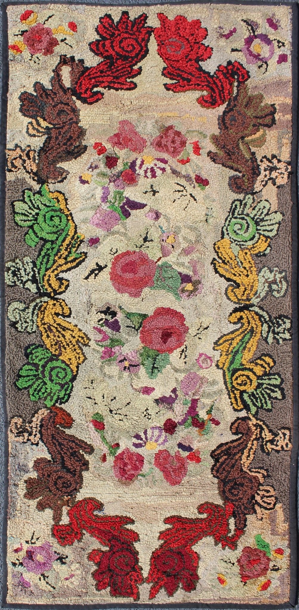 Keivan Woven Arts - American Hooked rug with red rose and yellow and multi colored flower bouquets, Keivan Woven Arts / rug G - 0305, country of origin / type: United States / Hooked, circa 1910 This antique American Hooked rug depicts beautiful f... - Keivan Woven ArtsG - 0305 - 1118Rug